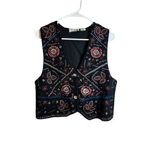 Vintage Tanzara Embroidered Wool Vest Black Floral Cottagecore Boho Size Small